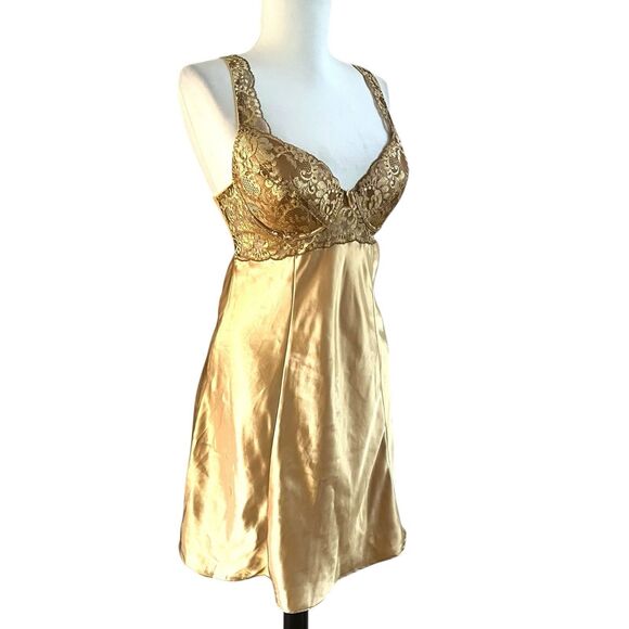Victorias Secret Satin Lace Slip Mini Dress Chemise M Gold Cocquette Party Glam - Picture 2 of 12